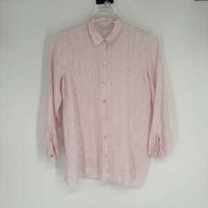 J. Jill Women’s Love Linen 100% Linen Pink & White Stripe Button Down Top Size M